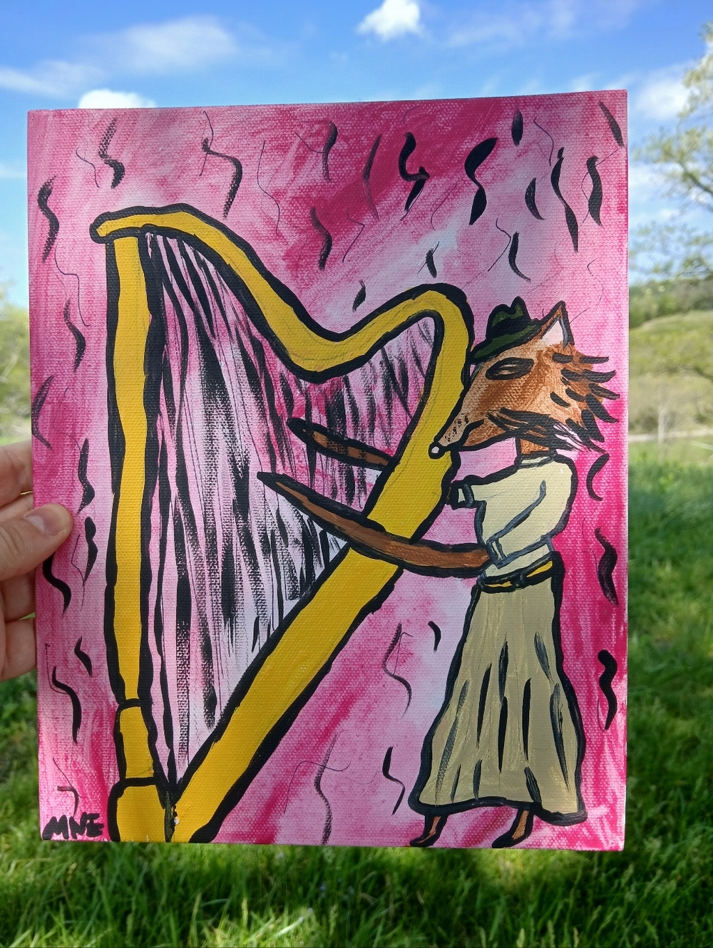 Cat Playing Harp Painting Folk Art
